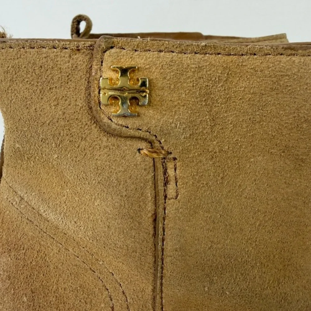 Tory Burch Sabe Tan Suede Ankle Boots Leather Sole Block Heel Brazil 7.5M‎